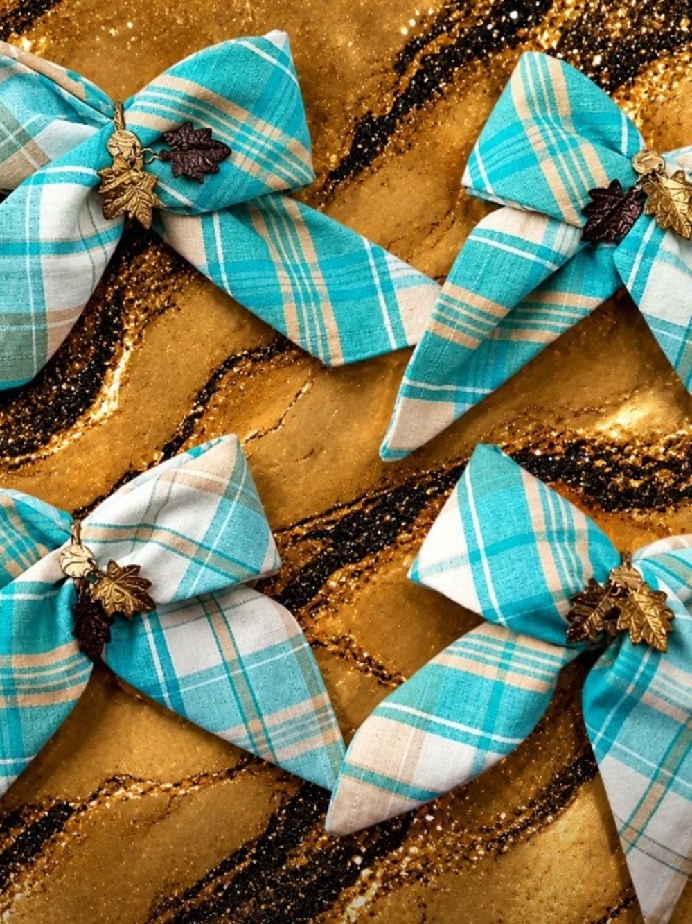 Hand Crafted Turquoise Plaid Fabric Cotton Napkins & Napkin Holders